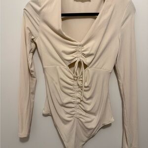 Astr Cream Long-Sleeve Ruched Tie-Front Bodysuit